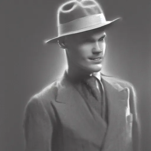 Image similar to A photograph portrait of Jerma985 wearing a suit with and fedora in the 1940s, taken in the early 1940s, grainy, taken on a 940s Kodak Camera, realistic, hyperrealistic, very realistic, highly detailed, very detailed, extremely detailed, detailed, digital art, trending on artstation