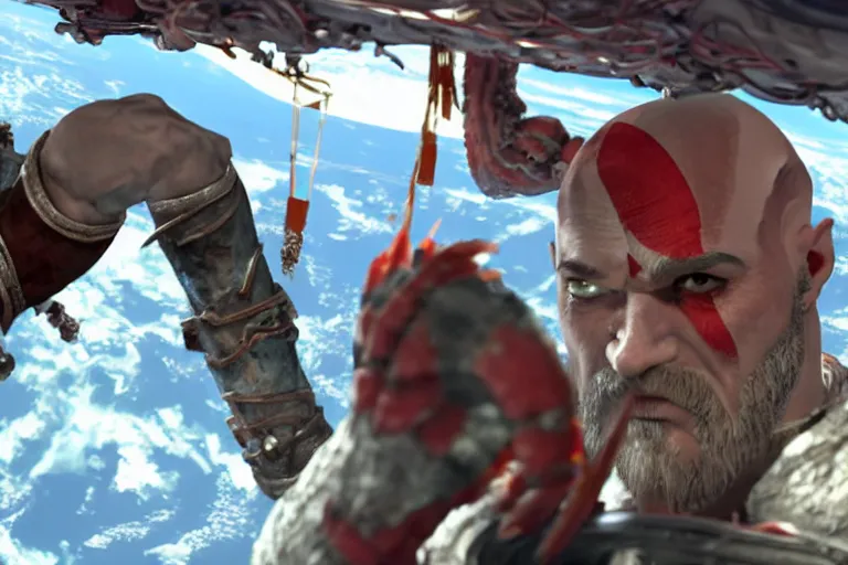 Image similar to kratos from the god of war videogame eating a whole lobster in the international space station