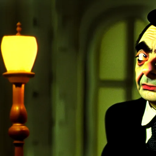 Image similar to mr. bean as wednesday from the adams family. movie still. cinematic lighting.