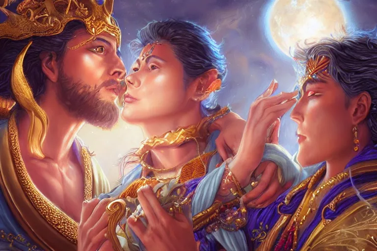 Image similar to close up moment of a divine a sun god and a moon goddess lovers magician at a wedding banquet, highly detailed, d & d, fantasy, highly detailed, digital painting, trending on artstation, concept art, sharp focus, illustration, art by artgerm and daniel gerhartz and magali villeneuve