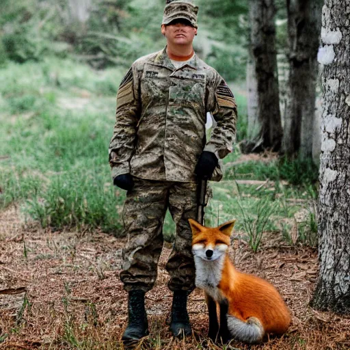 Prompt: a fox animal dressed in a modern american military soldier uniform, 8 5 mm f / 1. 4