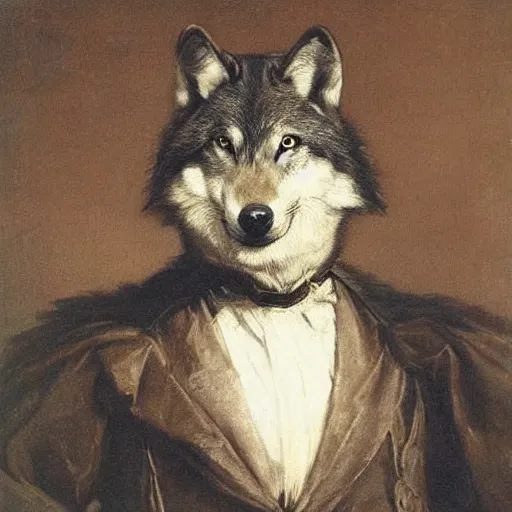 Prompt: a portrait of an anthropomorphic wolf wearing a black doublet, furry fursona, victorian era masterwork, by samuel luke fildes, painting