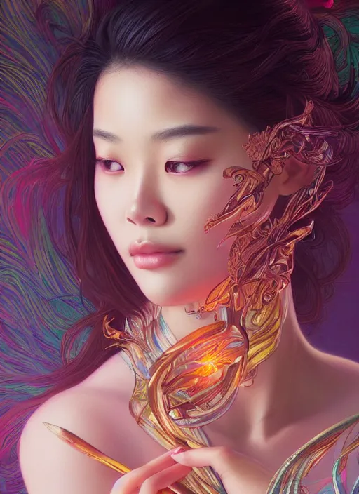 Image similar to beautiful young Asian woman, gorgeous face, sad eyes, tears, vaporwave aesthetic, synthwave, , colorful, intricate, elegant, highly detailed, digital painting, artstation, concept art, smooth, sharp focus, illustration, art by artgerm and greg rutkowski and alphonse mucha