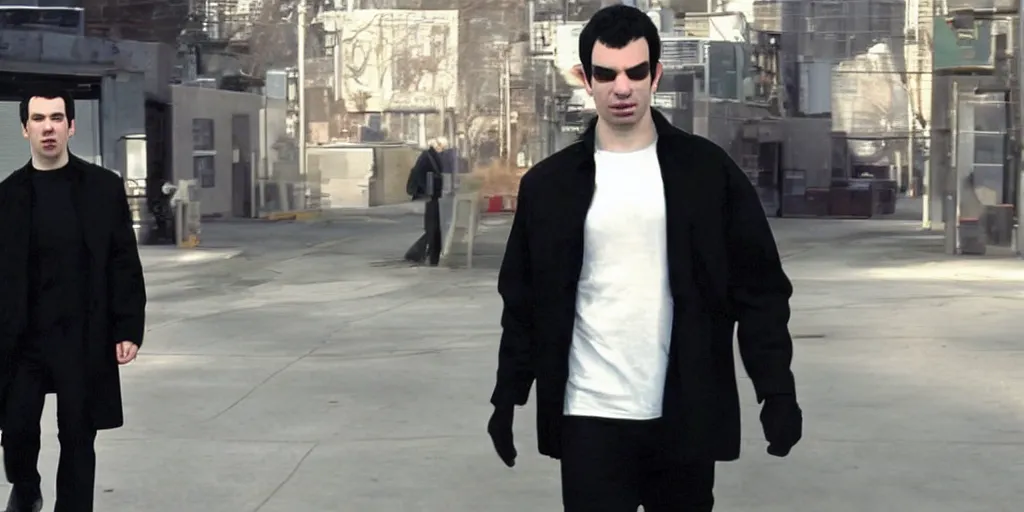 Image similar to nathan fielder dodging a bullet in the matrix, wearing a cool black coat, ultrarealistic, 4 k