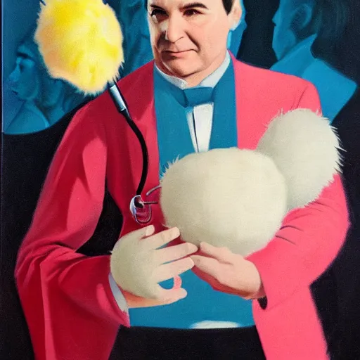 Image similar to Art deco portrait of Doctor Phlox affectionately holding a tribble in his hand