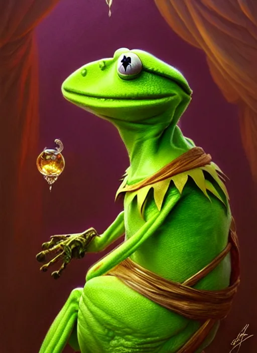 Image similar to Portrait of Kermit the frog, D&D, fantasy, intricate, elegant, highly detailed, digital painting, artstation, concept art, smooth, sharp focus, illustration, art by artgerm and greg rutkowski and alphonse mucha