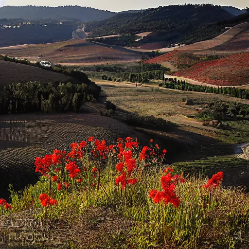 Prompt: a Roman tomb almost completely submerged in a deposit of travertine, slowly accumulating. Red flowers stick out of the deposit and a fertile, cultivated valley is seen in the background. The photo is taken at sunset, giving it warm colours and a stark contrast between the white of the travertine, the browns of the tomb and the yellows of The Valley. Polaroid, concept art