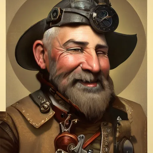 Prompt: vintage portrait of a smiling steampunk male gnome with big nose, highly detailed, digital painting, art by Stanley Lau and Artgerm and magali villeneuve and Alphonse Mucha, artstation, octane render, cgsociety, 1800, vintage photo