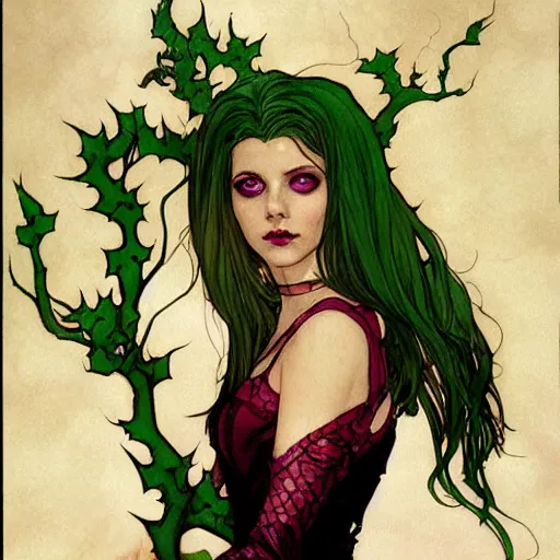 Image similar to a beautiful painting buffy the vampire slayer as poison ivy, dark eyeliner, intricate, elegant, highly detailed, digital painting, artstation, concept art, matte, sharp focus, illustration, art by rebecca guay and by arthur rackham and by alphonse mucha and by john william waterhouse