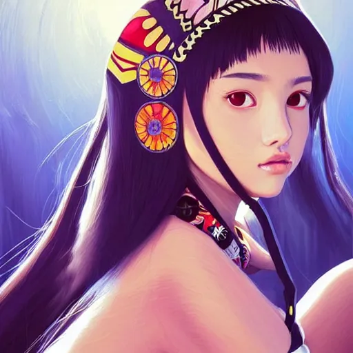 Image similar to a beautiful young japanese natalie portman alluring gravure model, stylized concept art, wearing elaborate oversized designer bomber jacket and one piece bikini, bulky bomber jacket with mesoamerican patterns, mesoamerican native street fashion, princess mononoke, painted by ilya kuvshinov aesthetic, gorgeous, stunning, alluring, attractive, artstation, pinterest, digital art