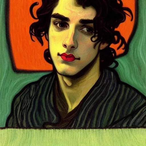 Image similar to painting of young cute handsome beautiful dark medium wavy hair man in his 2 0 s named shadow taehyung at the halloween matcha soup party, somber, depressed, melancholy, sad, elegant, clear, painting, stylized, delicate, soft facial features, delicate facial features, soft art, art by alphonse mucha, vincent van gogh, egon schiele