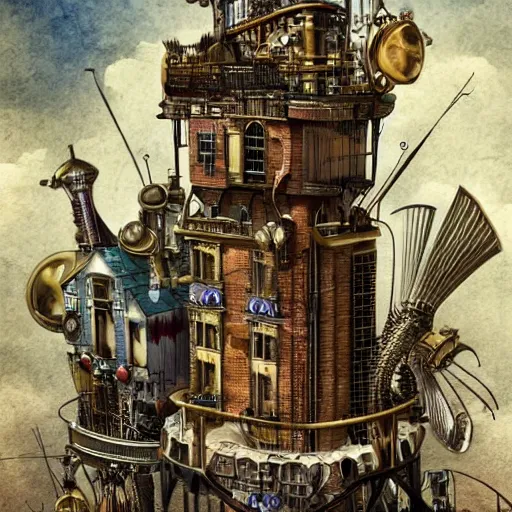 Image similar to Free city, floating in the wind on its huge shining engine. It is inhabited by a variety of creatures, erecting their own high building, a match for their self-expression. Steampunk style.