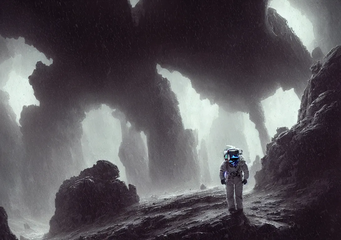 Image similar to astronaut exploring a strange surface of another planet while it's raining, mist and wind, there are ruins of ancient civilization, ultra high definition, ultra detailed, symmetry, sci - fi, dark fantasy, in style of heavy metal comic, dark and horror style, metal by greg rutkowski and ross tran