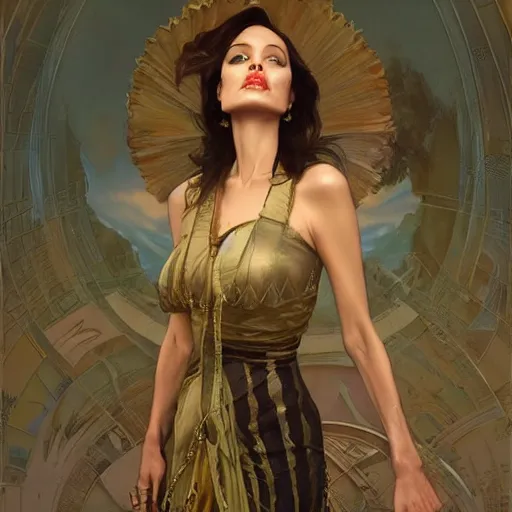 Prompt: Angelina Jolie, highly detailed, digital painting, artstation, concept art, smooth, sharp focus, illustration, ArtStation, art by artgerm and greg rutkowski and alphonse mucha and J. C. Leyendecker and Edmund Blair Leighton and Katsuhiro Otomo and Geof Darrow and Phil hale and Ashley wood and Ilya repin and Charlie Bowater