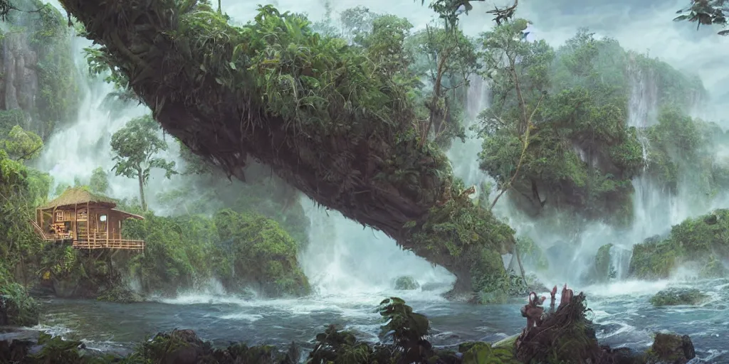 Image similar to jungle rainforest cliffs with treehouse village. tiered catwalks and rope bridges. wooden cabins. foggy valley and mountains fading into the distance, at sunset. waterfalls. neverland. peter pan kids wearing war paint and headdresses, standing on the rope bridges. swimming in basalt lagoon. magic the gathering card art by greg rutkowski.