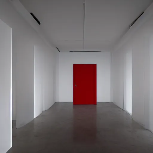 Image similar to a featureless white room with a red door on the far end, liminal space,