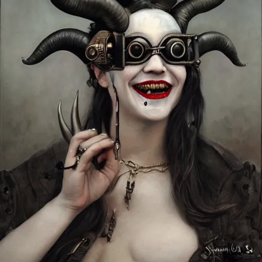 Image similar to a hyperrealistic portrait painting of a beautiful woman with demonic horns wearing steampunk goggles, black lipstick, evil smile, by santiago caruso, highly detailed,