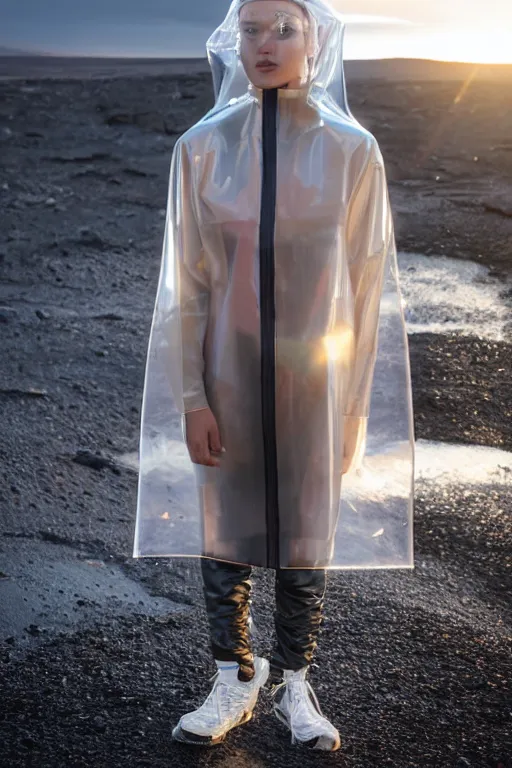 Image similar to an ultra high definition professional high fashion portrait studio full length photograph of a model wearing a transparent pearlescent raincoat and neon visor in an icelandic black rock environment at dawn. no artefacts. extremely detailed. stark. refraction. shallow depth of field. volumetric light and shadow. ray tracing. light rays.