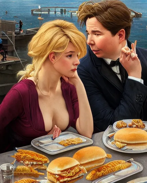 Prompt: Portrait of a blonde lady and Michael mcintyre eating ice burgers in Porto waterfront,real life skin, intricate, elegant, highly detailed, artstation, concept art, smooth, sharp focus, art by artgerm and greg rutkowski and alphonse mucha