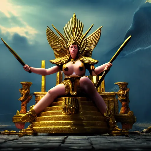 Image similar to cinematic scene with the goddess of war sitting on a majestic throne, dramatic, small details, volumetric lighting, still frame