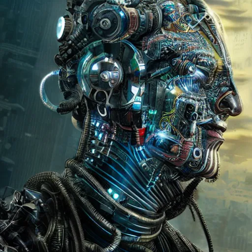 Prompt: cyborg hindu godbody, cyberpunk, ultra high tech, hyper detailed, coherent, cohesive, realistic, far shot