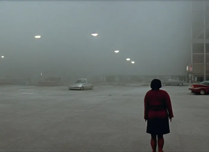 Image similar to cinematic screenshot wide shot of octavia spencer in a foggy abandoned sears parking lot, paranoia everywhere, screenshot from the tense thriller film ( 2 0 0 1 ) directed by spike jonze, volumetric hazy lighting, moody cinematography, 3 5 mm kodak color stock, 2 4 mm lens, ecktochrome