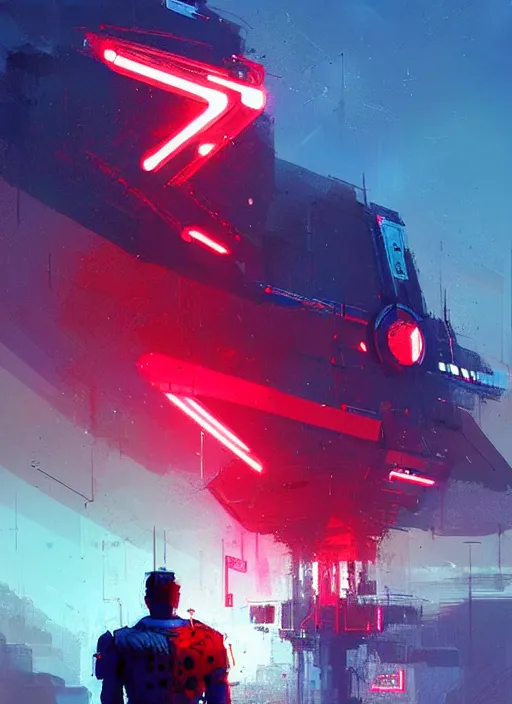 Image similar to sci - fi art, dolph lundgren as armored warrior, blue and red in the background, art by ismail inceoglu