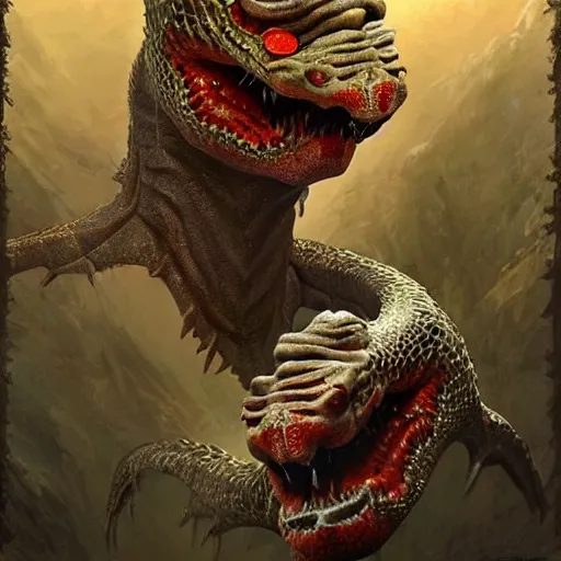 Prompt: hydra of lerna with two heads, one head is jim carey as lloyd christmas, the other head is jeff daniels as harry dunne ( from dumb and dumber ), serpentine water monster, d & d, fantasy, portrait, highly detailed, digital painting, trending on artstation, concept art, sharp focus, illustration, art by artgerm and craig mullins