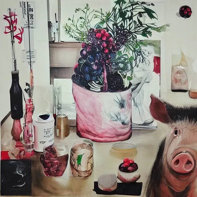 Image similar to “ a portrait in a female art student ’ s apartment, sensual, a pig theme, pork, art supplies, surgical iv bag, octopus, ikebana, herbs, a candle dripping white wax, japanese pottery, squashed berries, berry juice drips, acrylic and spray paint and oilstick on canvas, surrealism, neoexpressionism ”