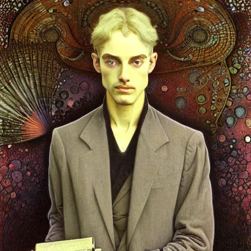 Prompt: realistic extremely detailed portrait painting of. an average. man with his. briefcase .in his. left hand . by Jean Delville, Amano, Yves Tanguy, Alphonse Mucha, Ernst Haeckel, Edward Robert Hughes, Roger Dean, pale muted pastel moody colors, gold eyes