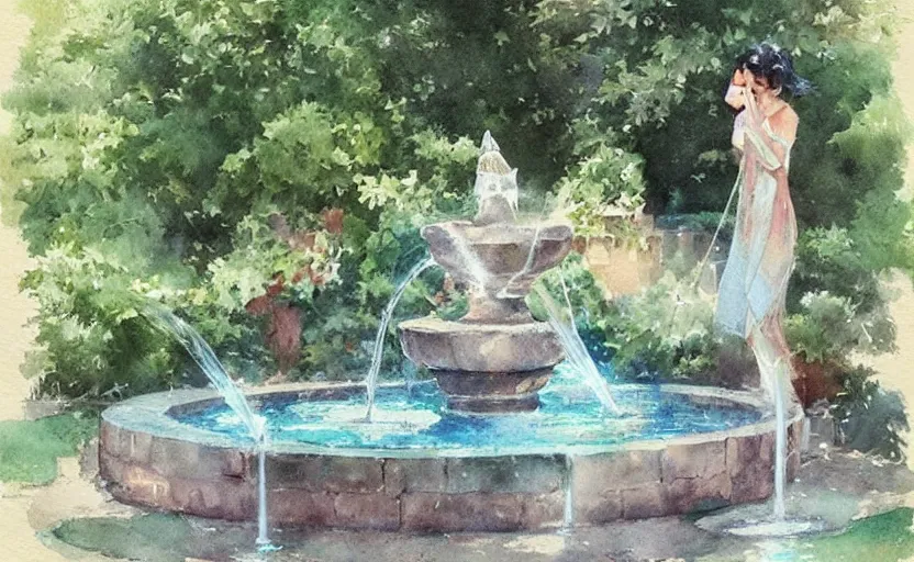 Prompt: concept art of a magical fountain in a garden, pinterest, artstation trending, behance, watercolor, by coby whitmore, silver, laser light,