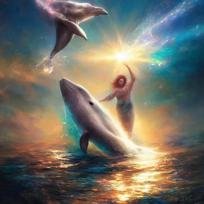 Image similar to glimmering whale, dolphins, golden hour, god rays, coral reef, dreamscape by artgerm and ruan jia and ismail inceoglu and greg olsen, cosmos, milky way galaxy, masterpiece, beautiful, intricate, elegant, highly detailed