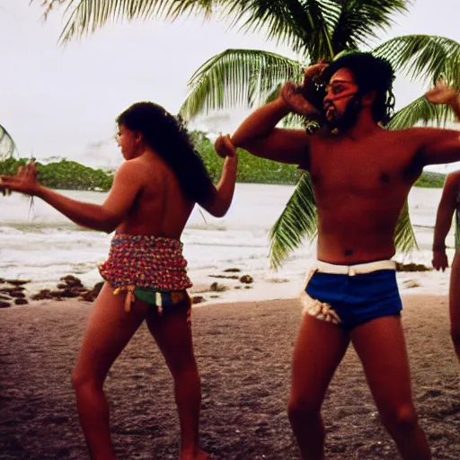 Prompt: samoan hippies from the 6 0 s dancing around a beach, nostalgic, sunny, coconut trees in the background, film, cinematic, kodak film, 3 5 mm, 8 k, 4 k