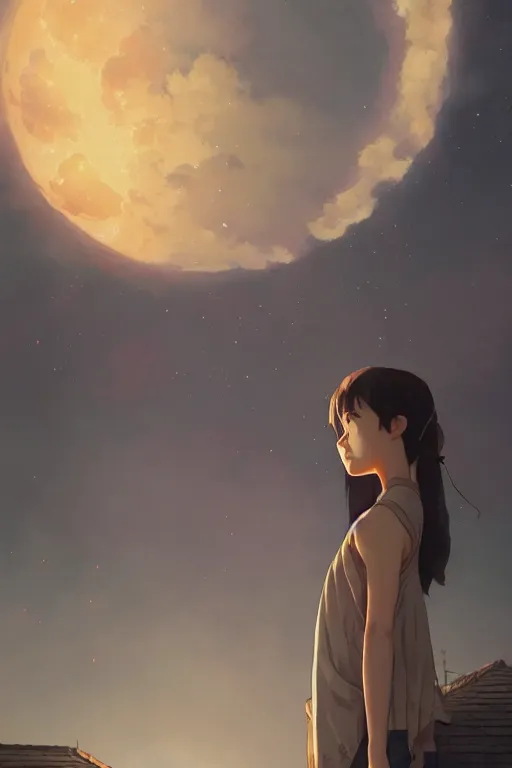 Image similar to a highly detailed matte painting of a girl watching moon exploding by studio ghibli, makoto shinkai, by artgerm, by wlop, by greg rutkowski, volumetric lighting, octane render, 4 k resolution, trending on artstation, masterpiece