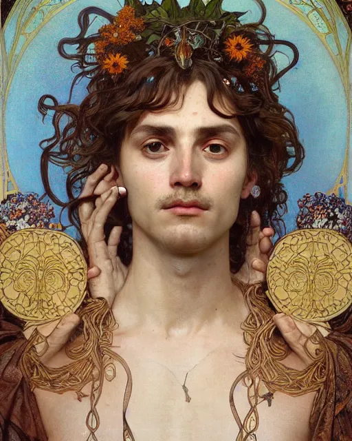 Image similar to a portrait of dionysus, realistic, beautiful, 8 k, by greg rutkowski, alphonse mucha, gustav klimt, ornate, very detailed, vines as jewelry, symmetry, sharp focus