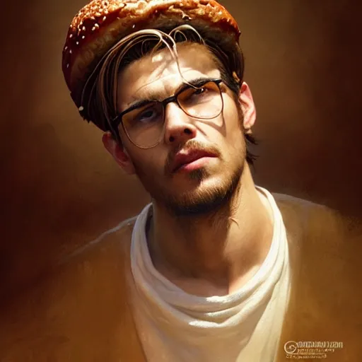 Image similar to portrait of a young rugged hamburger, extra onions and ketchup, luscious patty with sesame seeds, masculine, handsome, D&D, fantasy, intricate, elegant, highly detailed, digital painting, artstation, concept art, matte, sharp focus, illustration, art by Artgerm and Greg Rutkowski and Alphonse Mucha