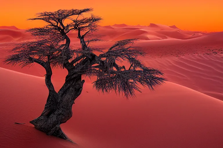 Image similar to A beautiful landscape photography of the Sahara desert dunes, a dead intricate tree in the foreground, sunset, dramatic lighting by Marc Adamus