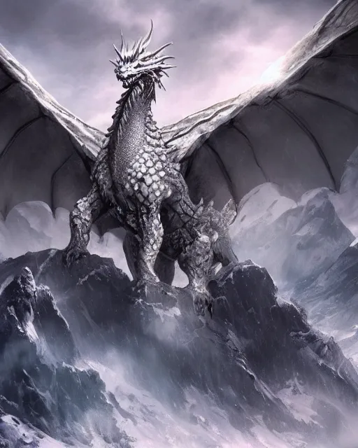 Prompt: giant ice dragon standing on a mountain, highly detailed, 4 k, hdr, award - winning, directed by zack snyder, trending on art station, matte