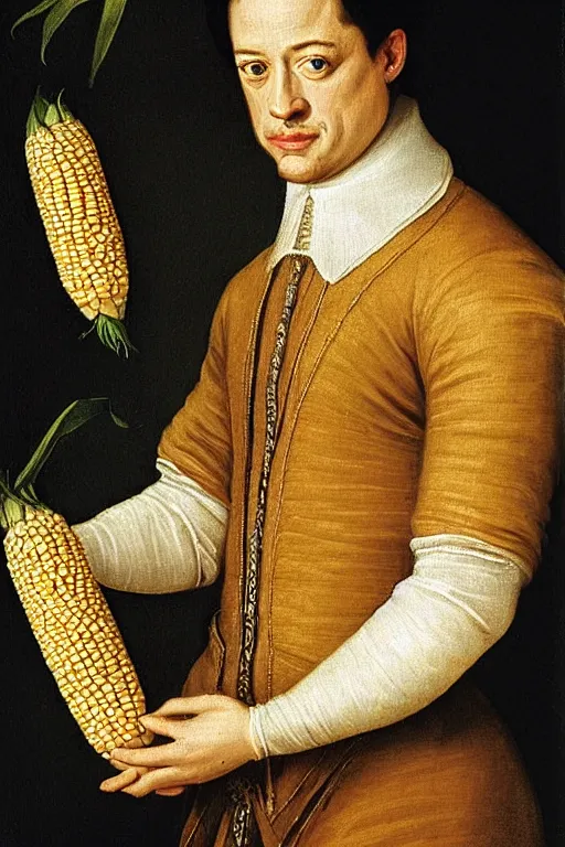 Image similar to a 1 6 0 0 s portrait painting of brendan fraser holding corn, intricate, elegant, highly detailed