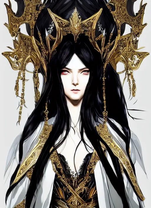 Image similar to Half body portrait of a beautiful elven priestess with long straight black hair wearing ornate white and gold robe. In style of Yoji Shinkawa and Hyung-tae Kim, trending on ArtStation, dark fantasy, great composition, concept art, highly detailed, dynamic pose.