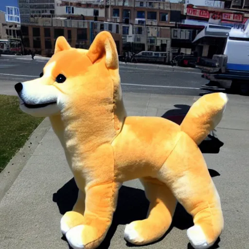 Prompt: a giant plushy shiba inu destroying a city, photo realistic, highly detailed,