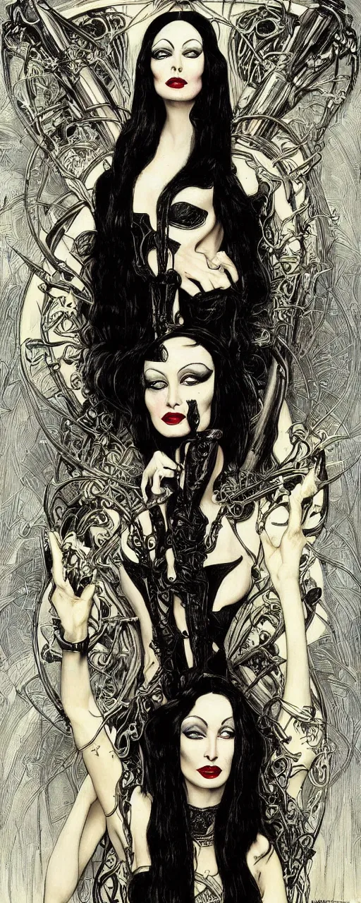 Prompt: striking sensual gorgeous thrash metal art nouveau portrait of morticia addams as a grindcore death metal rebel soldier by chris achilleos, giger, simon bisley and alphonse mucha, photorealism, extremely hyperdetailed, perfect symmetrical facial features, perfect anatomy, ornate declotage, excited expression, wild eyes