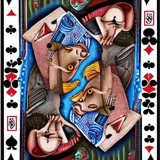 Prompt: two fishes sitting at a table playing cards, at the bottom of the sea, the table has a checkered table cloth, hyperdetailed, cinematic light, lowbrow surrealistic, in the style of mark ryden,