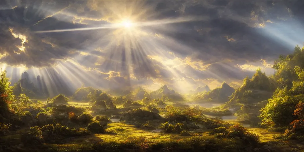 Image similar to an incredibly hyper realistic photorealistic landscape filled with fine detailed intricate priceless gems & jewels, crepuscular rays, specular highlights