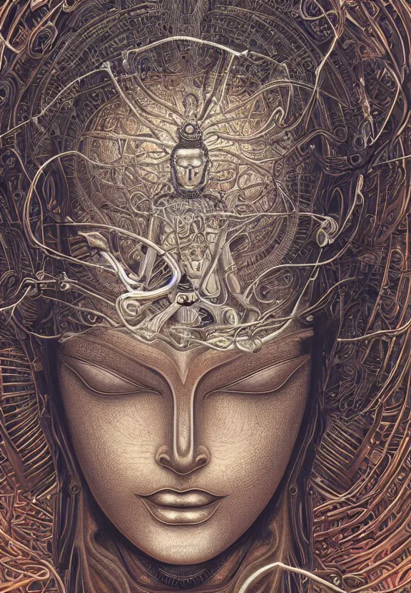 Image similar to perfectly centered portrait, front view of a beautiful biomechanical alien android robot buddha, female, flowing hair, intense stare, sarcastic smile, symmetrical, concept art, intricate detail, volumetric shadows and lighting, realistic oil painting by alex grey and gustave dore,