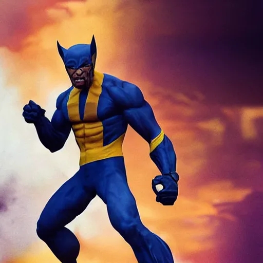 Image similar to clint eastwood as wolverine in blue and yellow costume, octane render, beautiful composition, trending on artstation, award - winning photograph, masterpiece