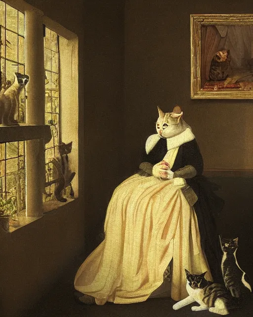 Prompt: a cat queen, in the style of the dutch masters and gregory crewdson, dark and moody