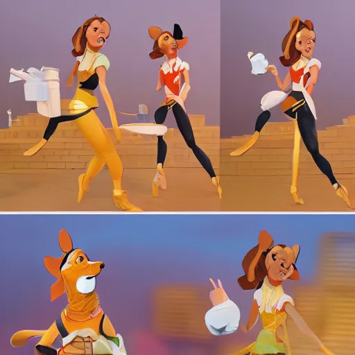 Image similar to women working, in the style of disney, comic book style, the dog is doing a ballet dance, highly detailed, 8k resolution, octane renderer