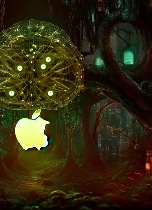 Image similar to intricate mechanical translucent apple with visible gears and components inside, growing off a tree, on the background of a weird magical mechanical forest. Very detailed 8k. Fantasy cyberpunk horror. Sharp. Cinematic post-processing