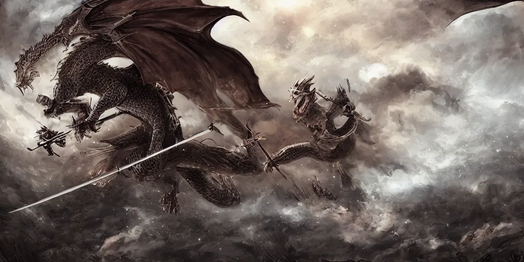 Image similar to korean archer fighting a dragon under the night sky. the archer is in the ground. the dragon in the sky. dark fantasy. high resolution. dungenons and dragons. fantasy. detailed. digital art. dark fantasy.